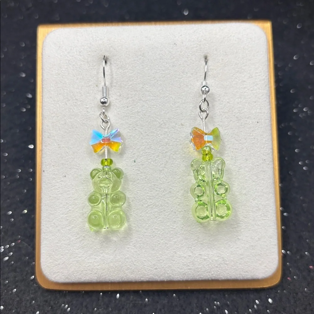 Green Gummy Bear Earrings with Crystal Bow